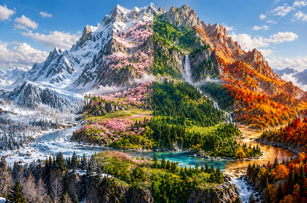 The Mountain That Keeps All Four Seasons art puzzle: a single mountain split into four seasons, snowy winter slopes, pink spring blossoms, green summer forest and red and orange autumn trees, a turquoise river and waterfall at its base