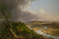 After the Storm Passed art puzzle: Cole's The Oxbow, storm clouds and rain over a broken tree on the left, a sunlit valley of fields and a looping river on the right