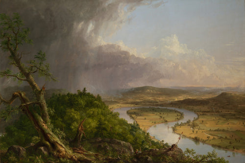 After the Storm Passed art puzzle: Cole's The Oxbow, storm clouds and rain over a broken tree on the left, a sunlit valley of fields and a looping river on the right
