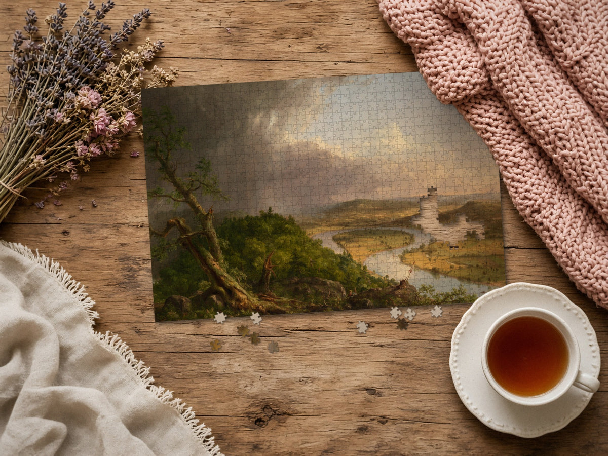 After the Storm Passed 1014 piece puzzle assembled on a rustic wood table with dried lavender, a pink knit blanket, a linen throw and a cup of tea, a few loose pieces nearby