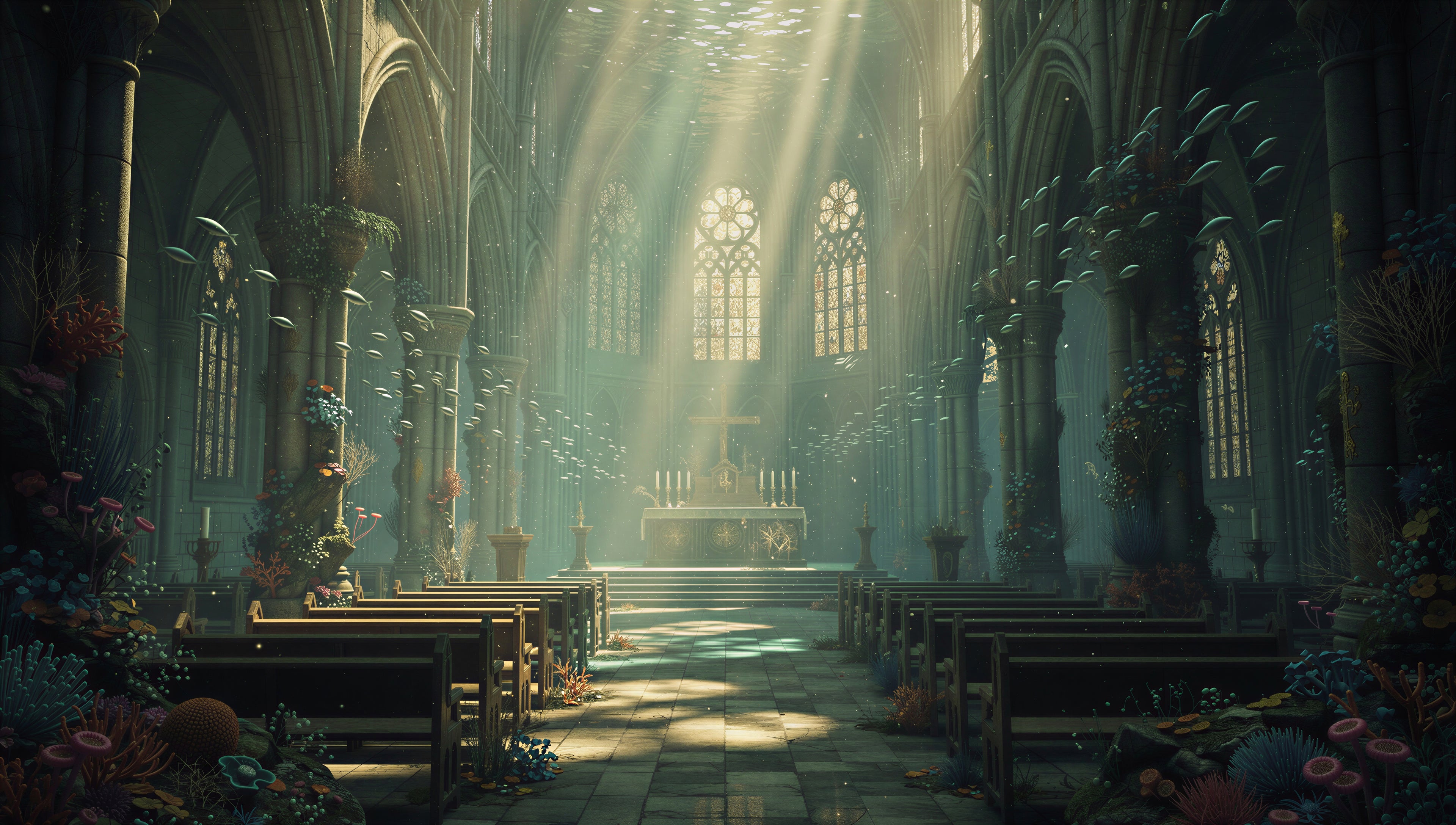 Soft shafts of golden light filtering through ancient stained glass into a luminous cathedral — art puzzle by The Wandered Piece