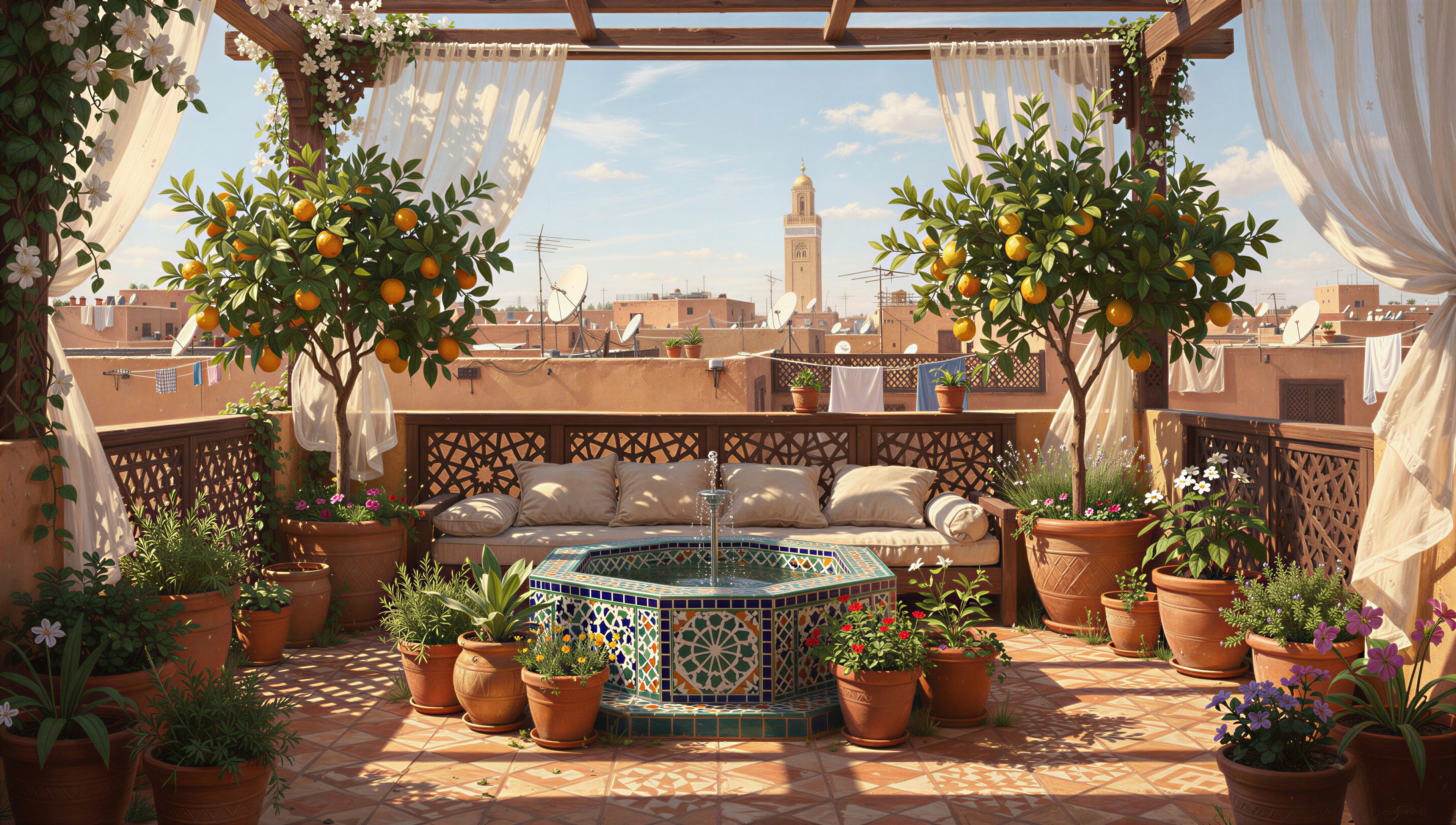 A sunlit Moroccan rooftop terrace with orange trees, hand-painted tiles, and a fountain — art puzzle by The Wandered Piece