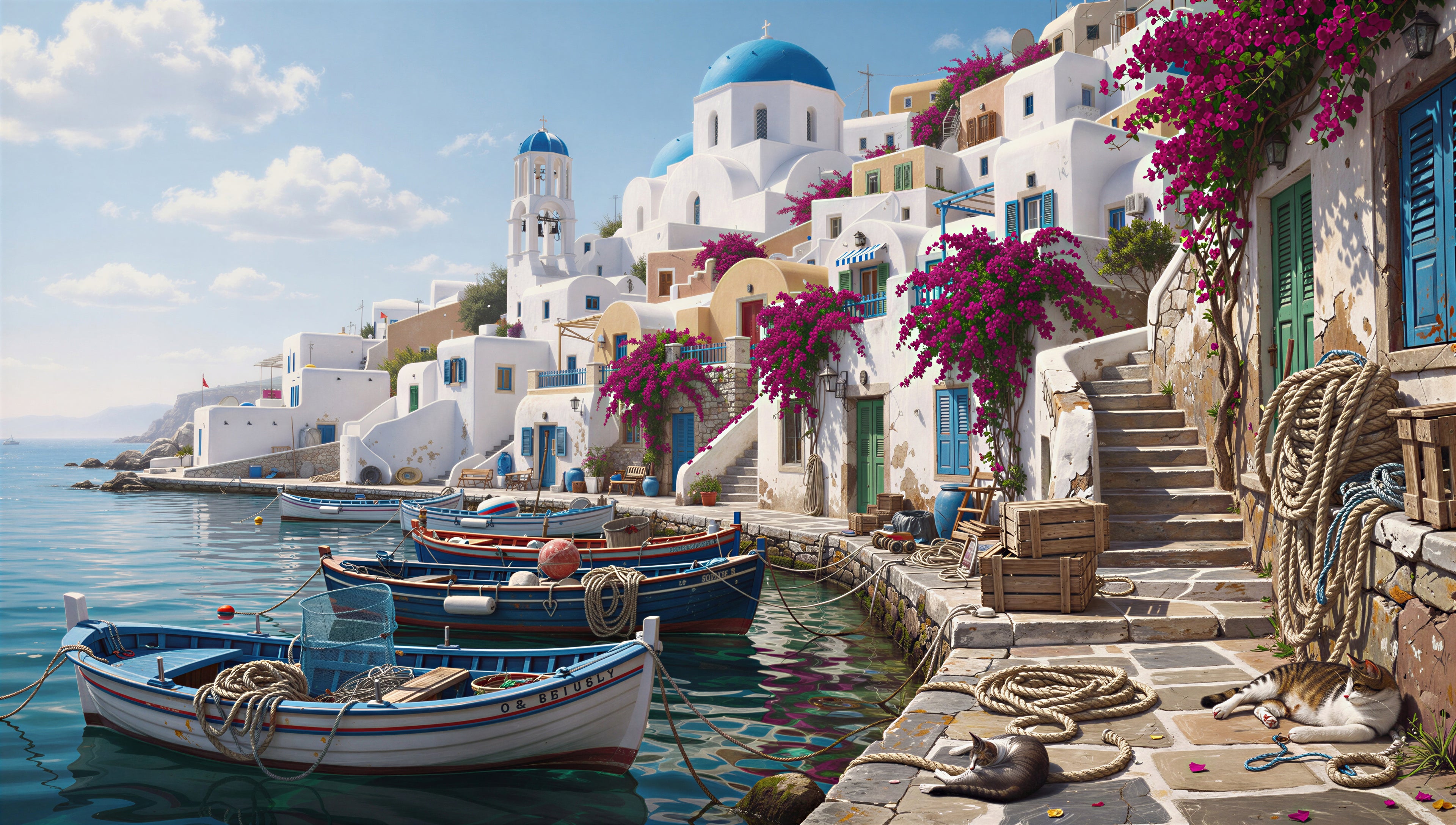 White-walled Cycladic harbor with cobalt domes and fishing boats in golden afternoon light — Santorini art puzzle by The Wandered Piece