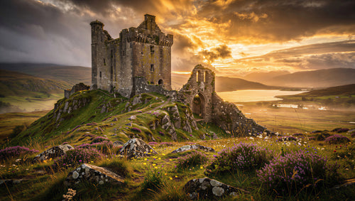 Ancient Scottish Highland castle ruins on a heather hillside at dramatic golden hour — art puzzle by The Wandered Piece