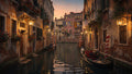 A gondola moving through a quiet Venetian canal at evening with lamplight reflected on still water — art puzzle by The Wandered Piece