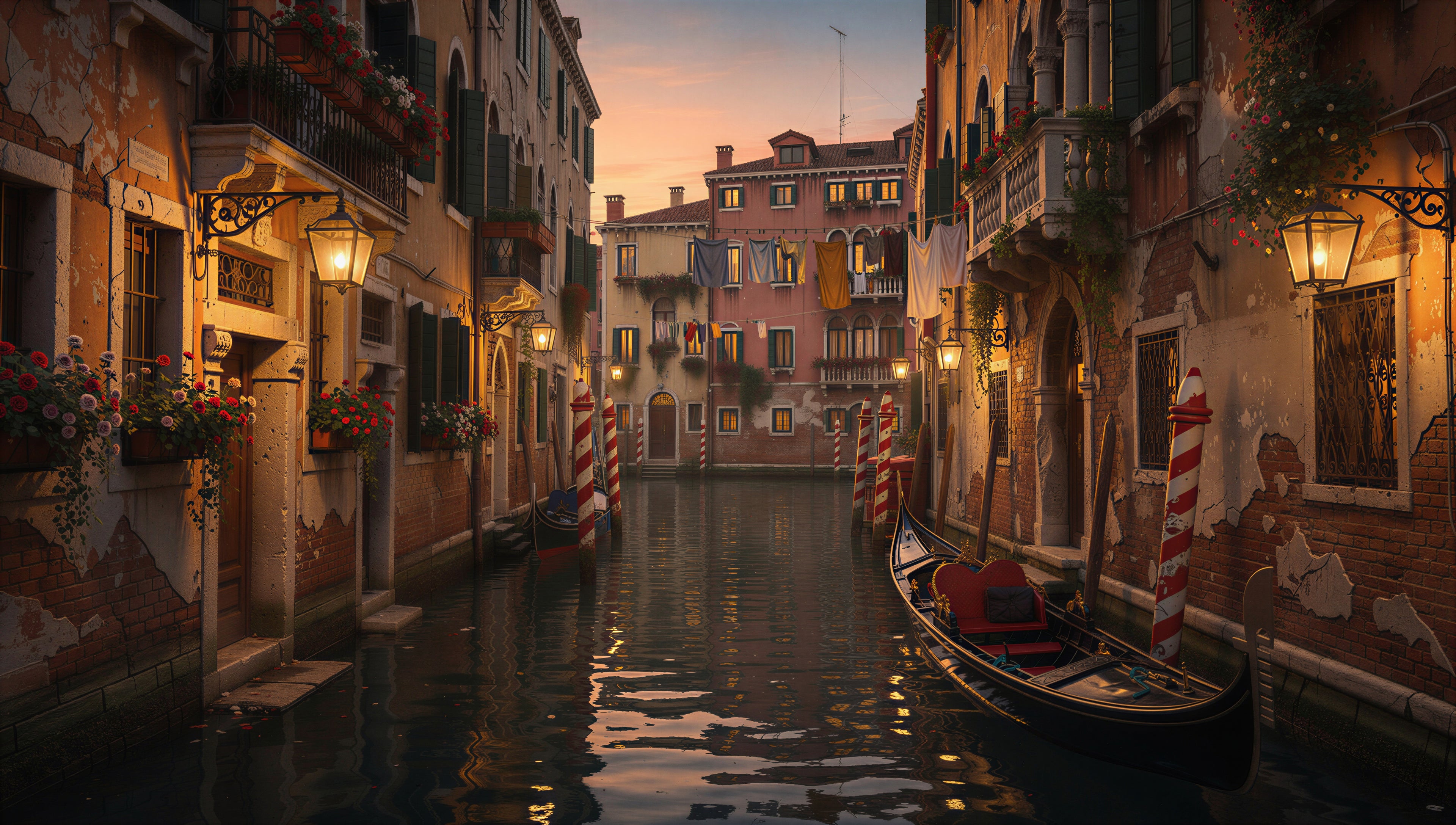 A gondola moving through a quiet Venetian canal at evening with lamplight reflected on still water — art puzzle by The Wandered Piece