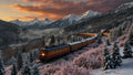 A passenger train winding through snow-dusted alpine forest at golden dusk — cinematic art puzzle by The Wandered Piece