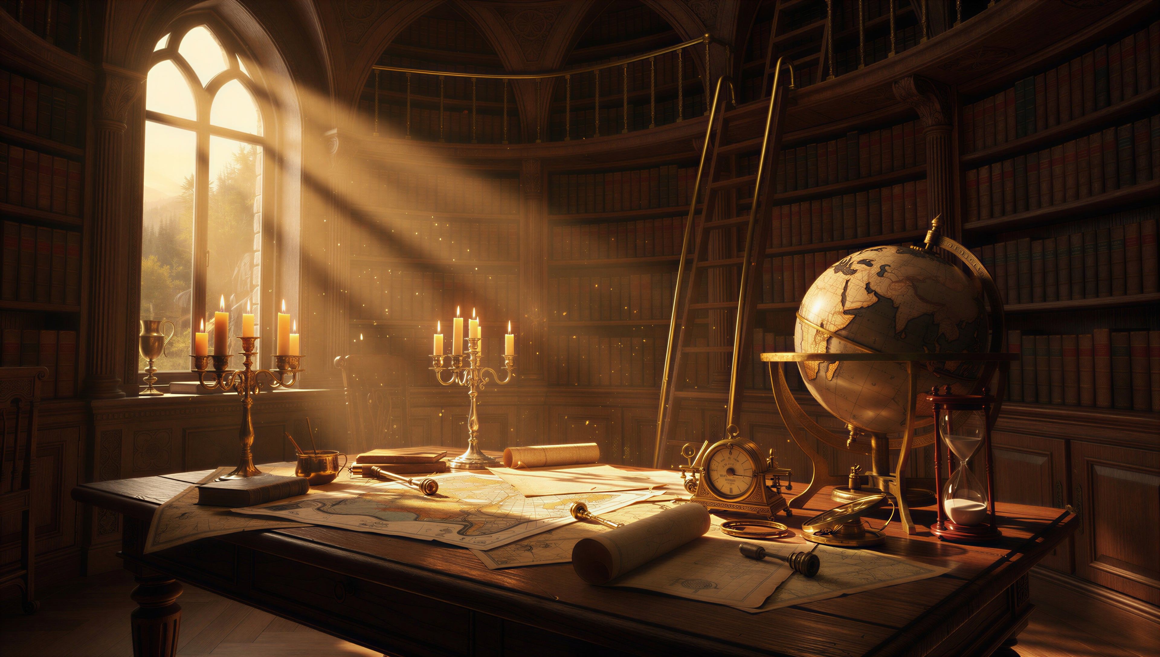 Candlelit maps and a brass globe on an explorer's cluttered desk in warm amber light — art puzzle by The Wandered Piece