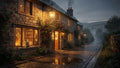 A cozy stone cottage with climbing roses on a rain-soaked cobblestone lane at evening — art puzzle by The Wandered Piece