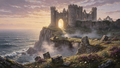 A weathered coastal castle ruin on a rocky headland at golden hour with waves below — cinematic art puzzle by The Wandered Piece
