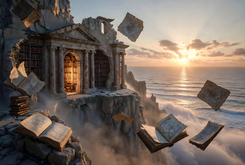 An ancient cliffside library with crumbling columns, books spiraling into a golden sunset over the sea — art puzzle by The Wandered Piece