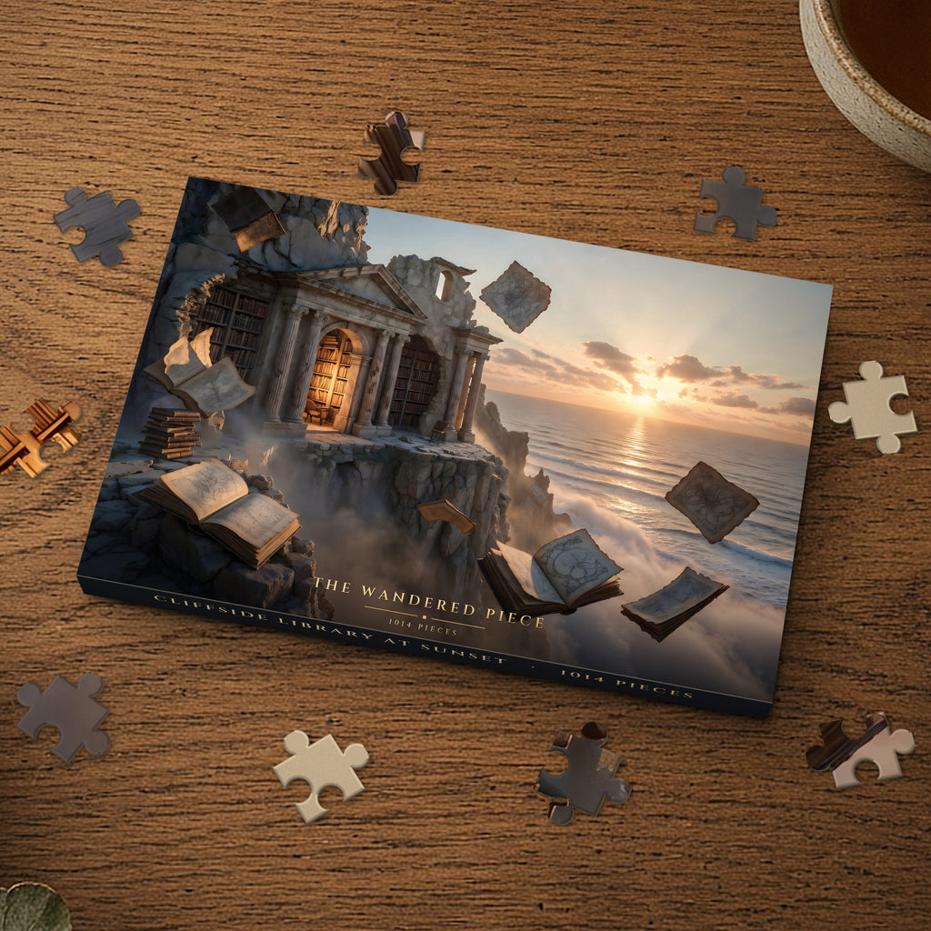 Cliffside Library at Sunset 1014 piece puzzle box, box design shown for illustration