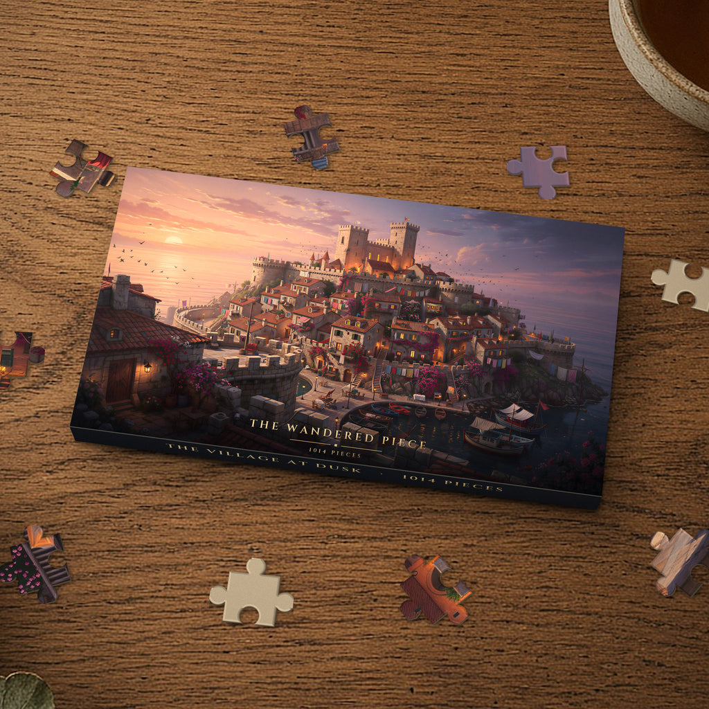 The Village at Dusk 1014 piece puzzle box, box design shown for illustration
