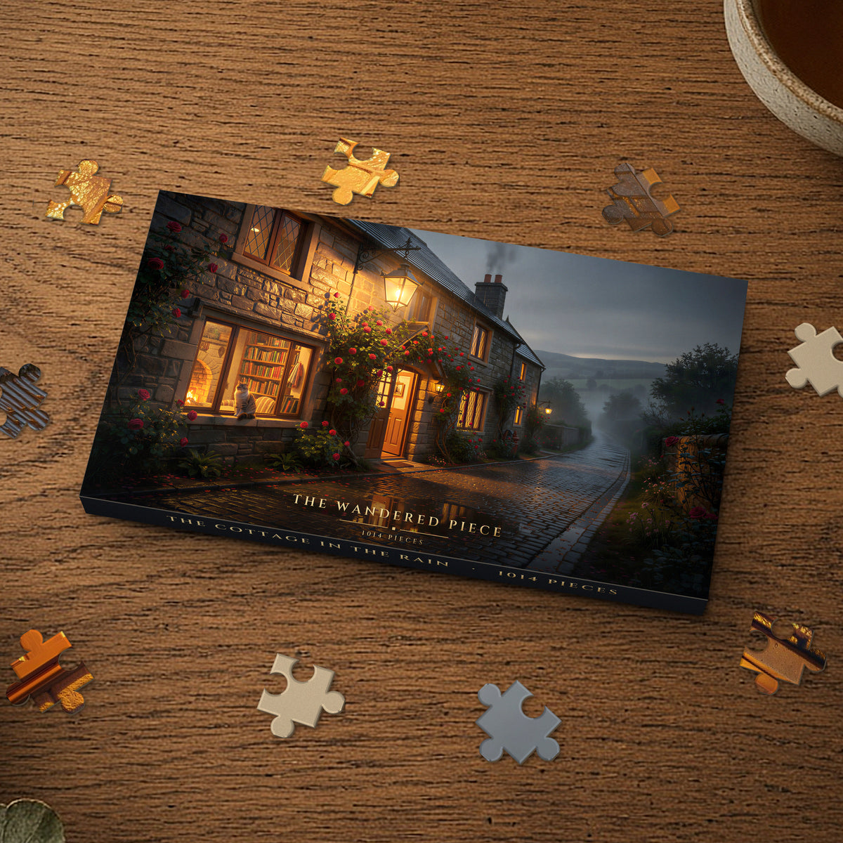 The Cottage in the Rain 1014 piece puzzle box, box design shown for illustration