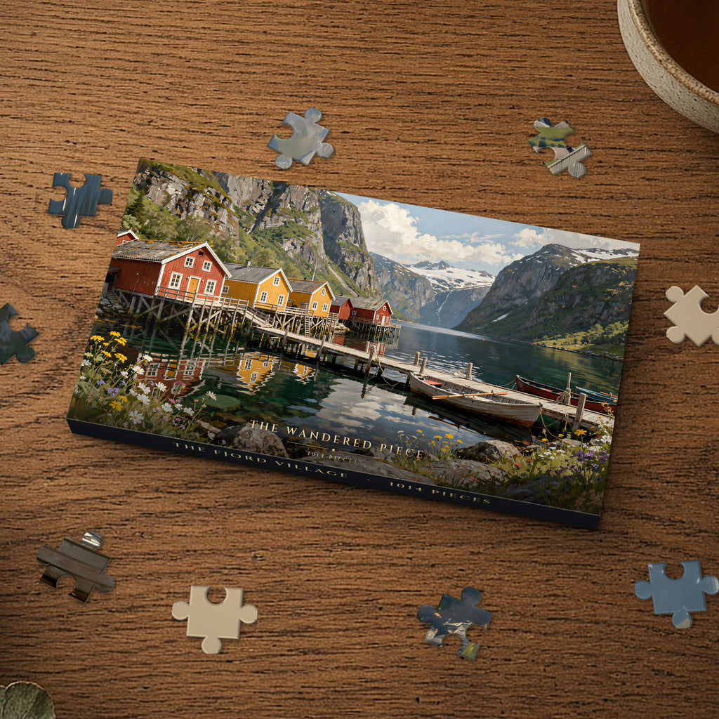 The Fjord Village 1014 piece puzzle box, box design shown for illustration