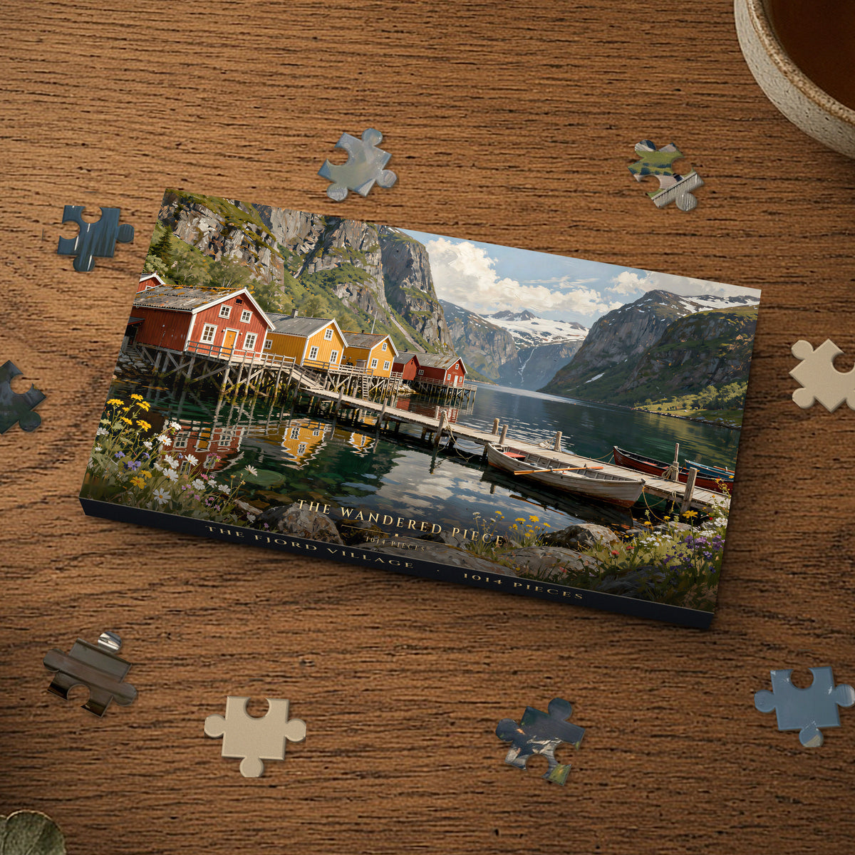 The Fjord Village 1014 piece puzzle box, box design shown for illustration