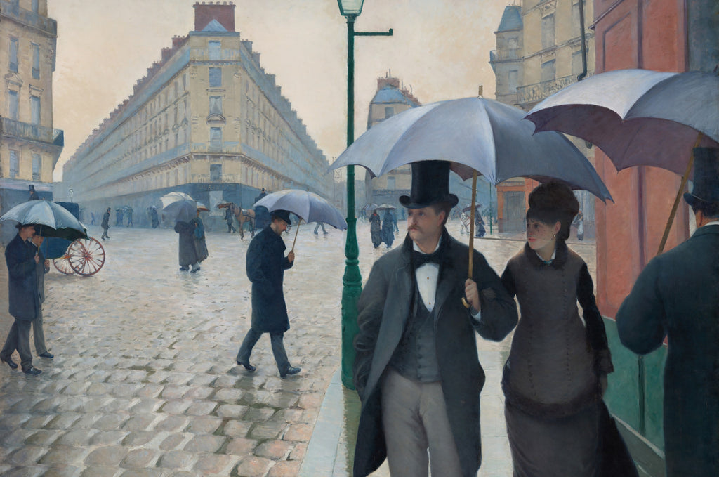 Paris, Just After Rain art puzzle: Caillebotte's Paris Street; Rainy Day, a couple under a gray umbrella on wet cobblestones, a green lamppost and pale Paris buildings behind