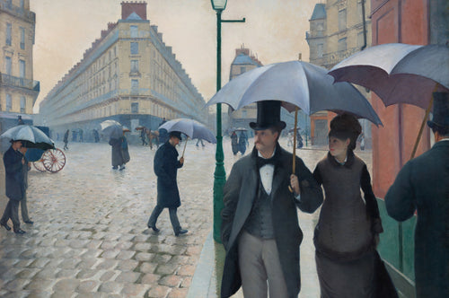 Paris, Just After Rain art puzzle: Caillebotte's Paris Street; Rainy Day, a couple under a gray umbrella on wet cobblestones, a green lamppost and pale Paris buildings behind
