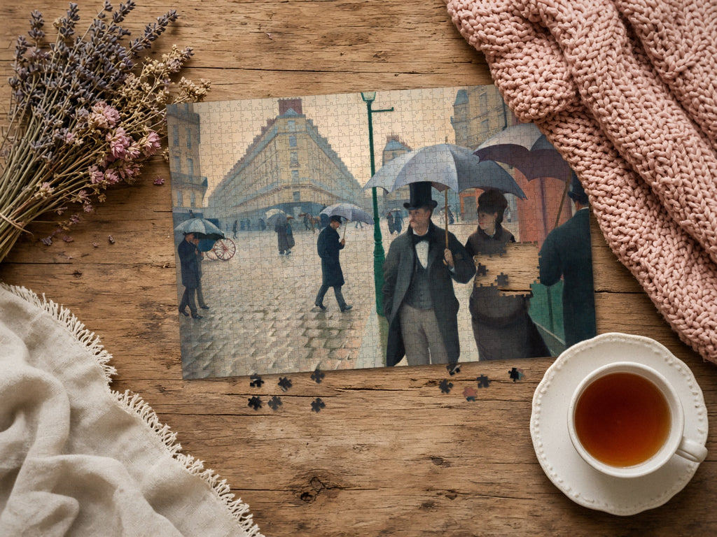 Paris, Just After Rain 1014 piece puzzle assembled on a rustic wood table with dried lavender, a pink knit blanket, a linen throw and a cup of tea, a few loose pieces nearby