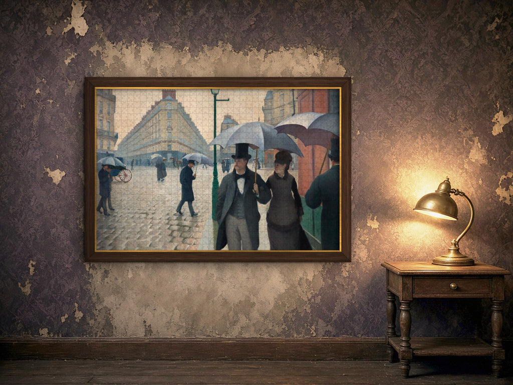 Paris, Just After Rain 1014 piece puzzle assembled, framed in dark wood on a worn plaster wall lit by a brass lamp