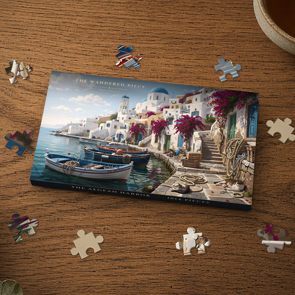 The Aegean Harbor 1014 piece puzzle box, box design shown for illustration