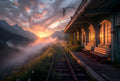 An overgrown abandoned mountain train station at swirling dawn with wildflowers on the platform — art puzzle by The Wandered Piece