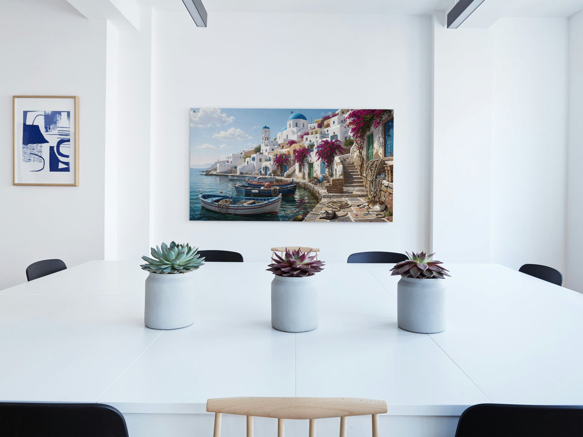 The Aegean Harbor 1014 piece puzzle shown framed on a wall after completion