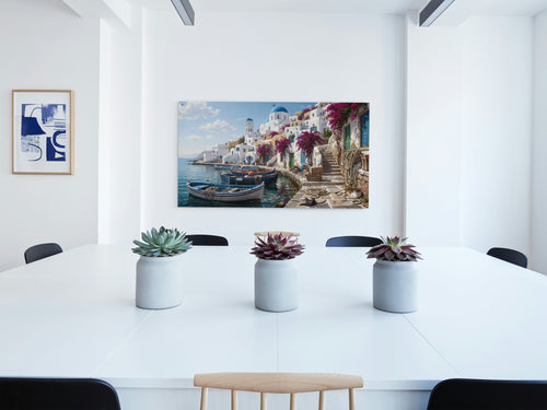 The Aegean Harbor 1014 piece puzzle shown framed on a wall after completion