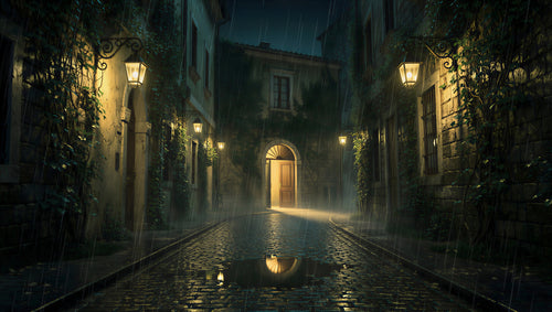 Rain-slicked cobblestone alley with amber lamplight pooling in puddles at night — atmospheric art puzzle by The Wandered Piece