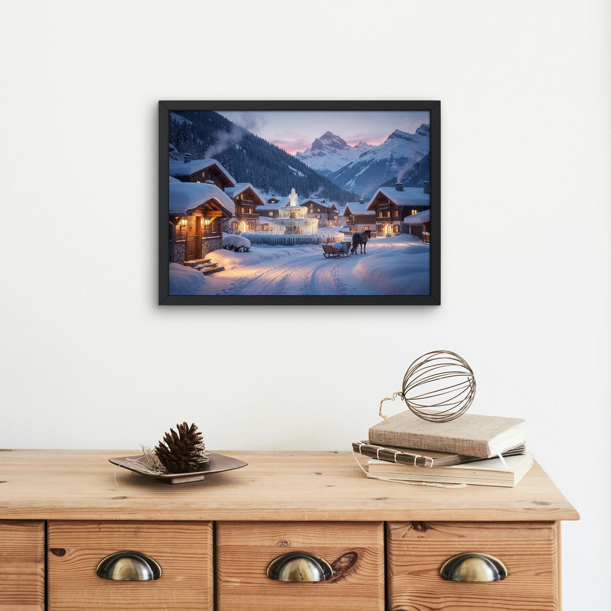 The Alpine Village in Winter 1014 piece puzzle shown framed on a wall after completion