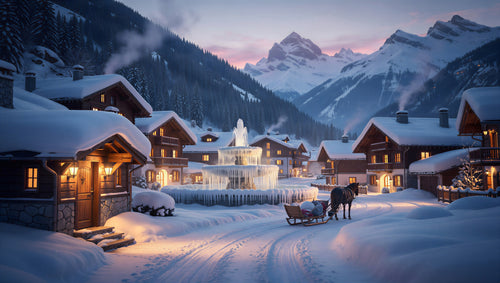 Snow-covered alpine village at night with warm amber cabin windows against winter mountains — art puzzle by The Wandered Piece