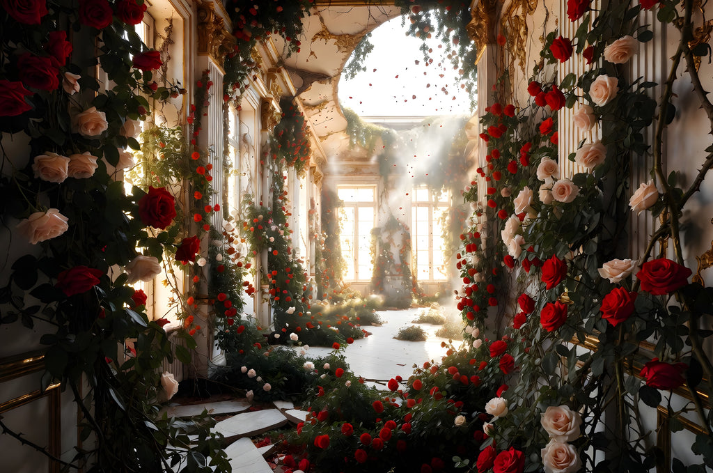 The Ballroom the Roses Claimed art puzzle: an abandoned gilded ballroom overgrown with red, blush and white roses, light and falling petals pouring through an open ceiling onto cracked marble