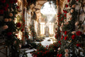 The Ballroom the Roses Claimed art puzzle: an abandoned gilded ballroom overgrown with red, blush and white roses, light and falling petals pouring through an open ceiling onto cracked marble
