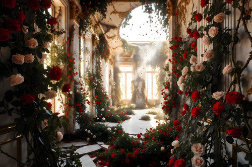 The Ballroom the Roses Claimed art puzzle: an abandoned gilded ballroom overgrown with red, blush and white roses, light and falling petals pouring through an open ceiling onto cracked marble