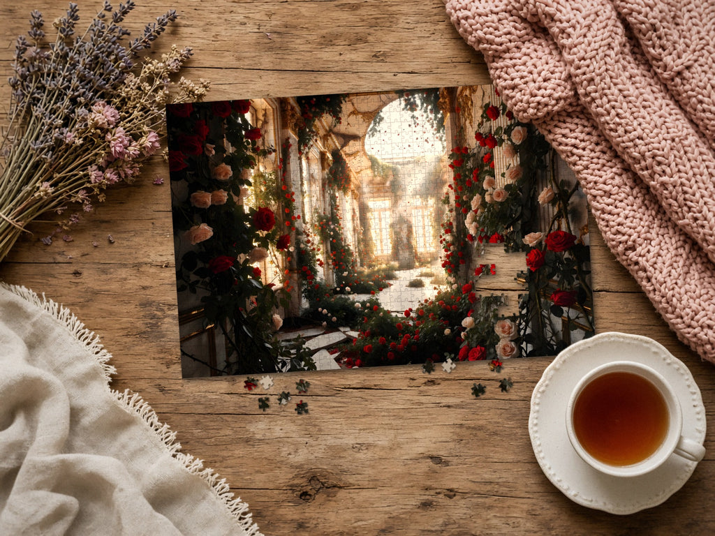The Ballroom the Roses Claimed 1014 piece puzzle assembled on a rustic wood table with dried lavender, a pink knit blanket, a linen throw and a cup of tea, a few loose pieces nearby