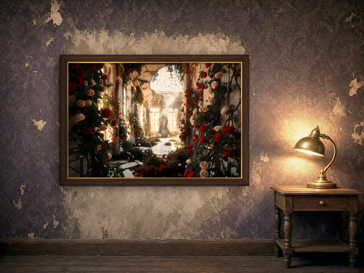 The Ballroom the Roses Claimed 1014 piece puzzle assembled, framed in dark wood on a worn plaster wall lit by a brass lamp