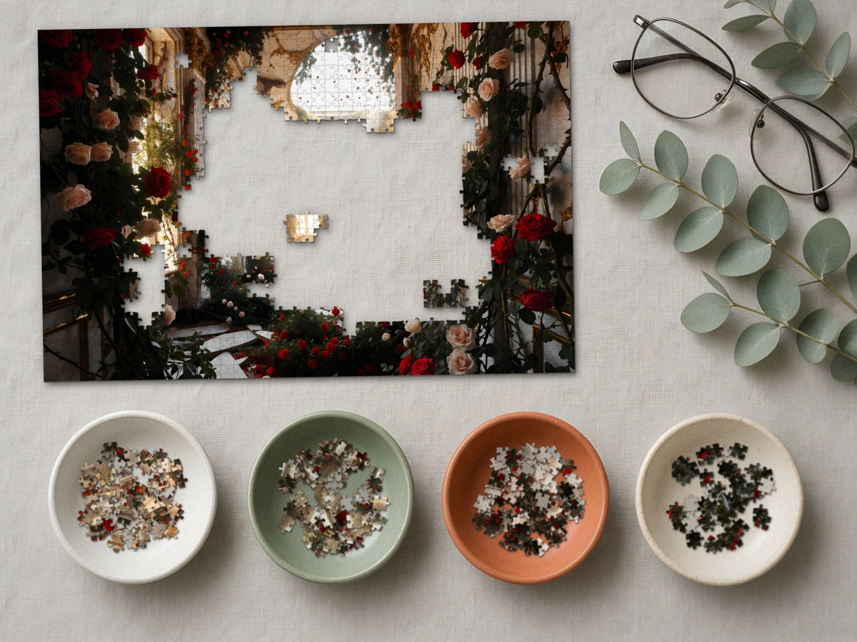 The Ballroom the Roses Claimed 1014 piece puzzle partly assembled on a linen cloth, loose pieces sorted into four small ceramic bowls beside reading glasses and eucalyptus