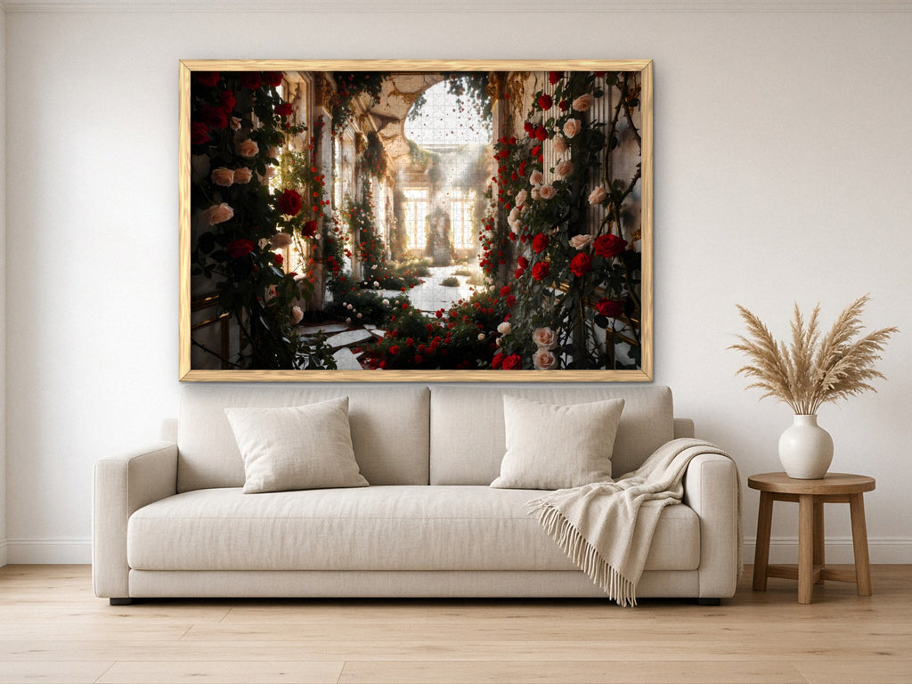 The Ballroom the Roses Claimed 1014 piece puzzle assembled, framed in light wood and hung above a cream sofa, with pampas grass on a side table