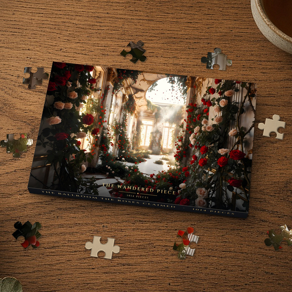 The Ballroom the Roses Claimed 1014 piece puzzle box on a wood table with loose pieces, box design shown for illustration