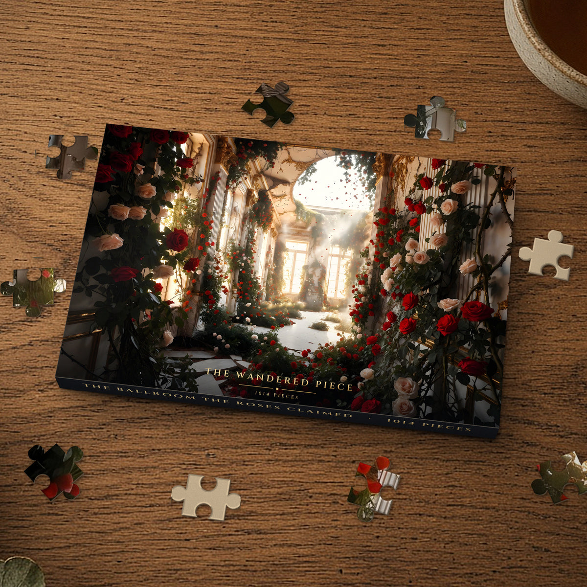 The Ballroom the Roses Claimed 1014 piece puzzle box on a wood table with loose pieces, box design shown for illustration