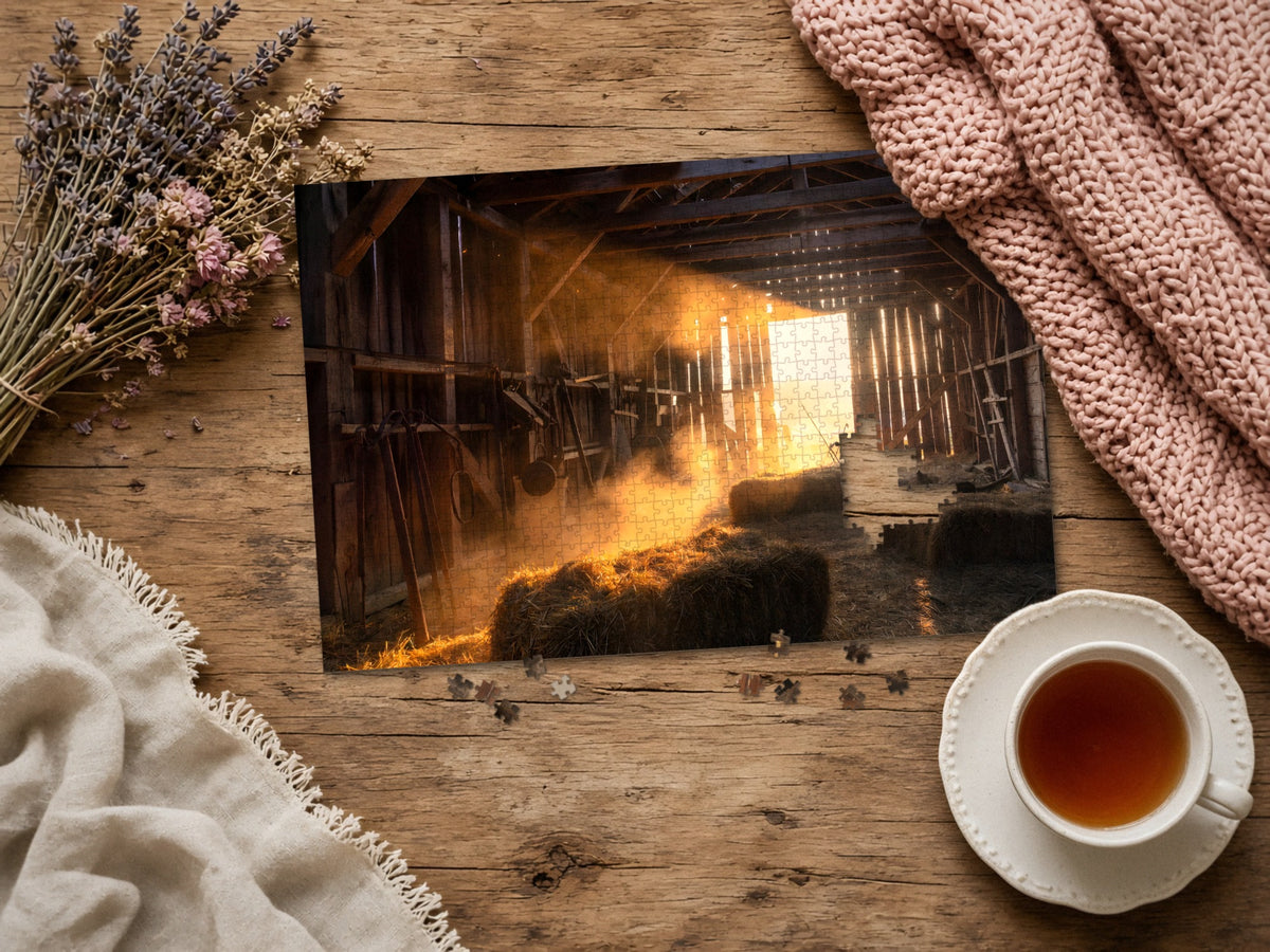 The Barn That Held the Day 1014 piece puzzle assembled on a rustic wood table with dried lavender, a pink knit blanket, a linen throw and a cup of tea, a few loose pieces nearby