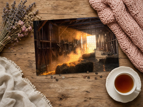 The Barn That Held the Day 1014 piece puzzle assembled on a rustic wood table with dried lavender, a pink knit blanket, a linen throw and a cup of tea, a few loose pieces nearby