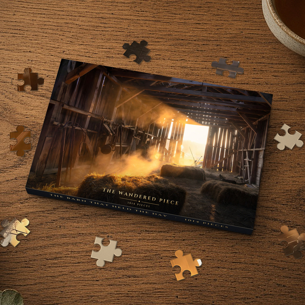 The Barn That Held the Day 1014 piece puzzle box on a wood table with loose pieces, box design shown for illustration