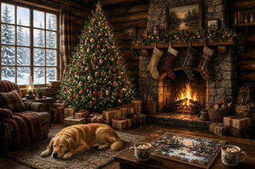 The Cabin Where the Puzzle Waits art puzzle: a log cabin at Christmas, a golden retriever asleep by the decorated tree, stockings over a crackling stone fireplace, snow at the window and a half-done puzzle between two mugs of cocoa