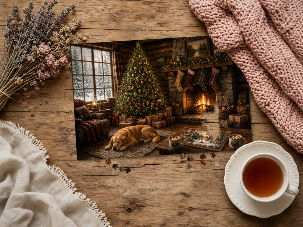 The Cabin Where the Puzzle Waits 1014 piece puzzle assembled on a rustic wood table with dried lavender, a pink knit blanket, a linen throw and a cup of tea, a few loose pieces nearby