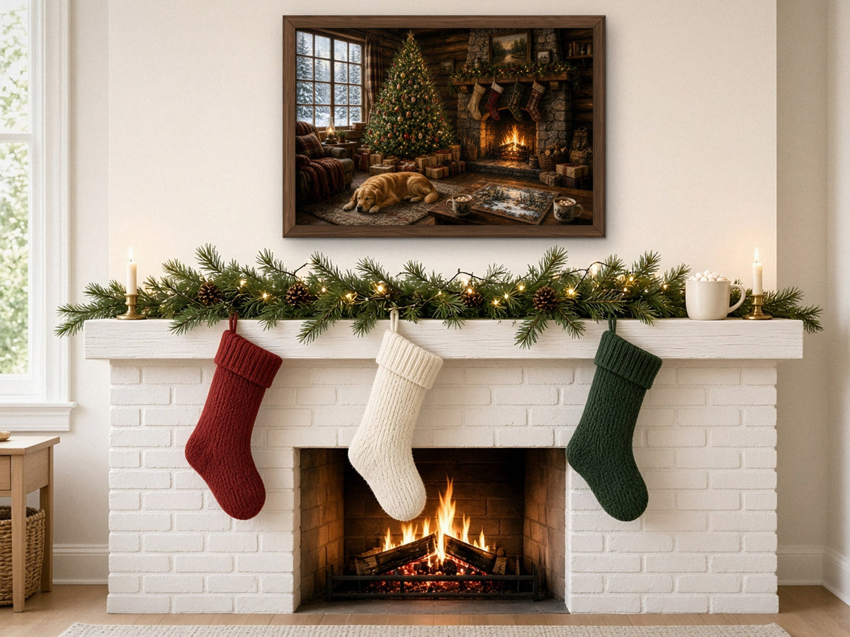 The Cabin Where the Puzzle Waits 1014 piece puzzle assembled, framed in dark wood above a white brick fireplace with a pine garland and red, cream and green stockings