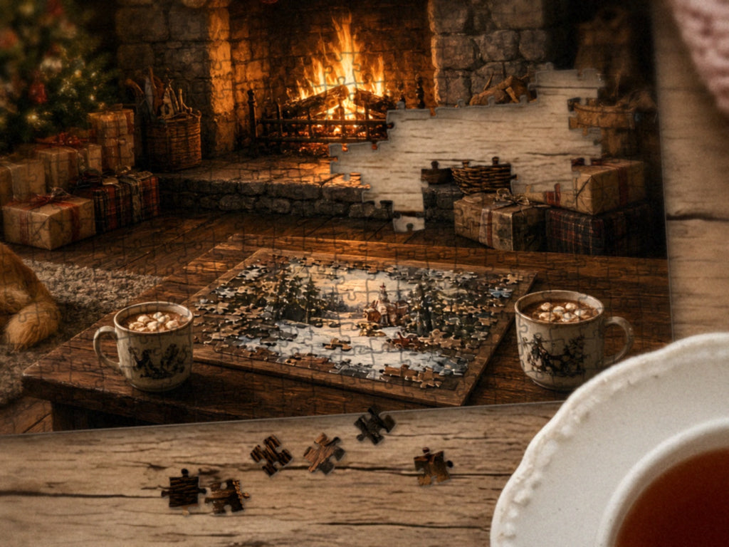 Close-up of the The Cabin Where the Puzzle Waits puzzle on a wood table showing the fireplace, the gifts and the little puzzle beside two mugs of cocoa, a few pieces still missing, next to a teacup