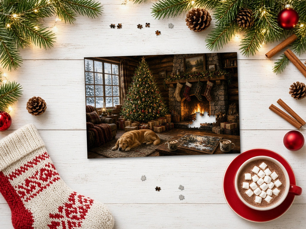 The Cabin Where the Puzzle Waits 1014 piece puzzle on a white wood table with pine branches, fairy lights, pinecones, red ornaments, cinnamon sticks, a knit stocking and a mug of cocoa with marshmallows
