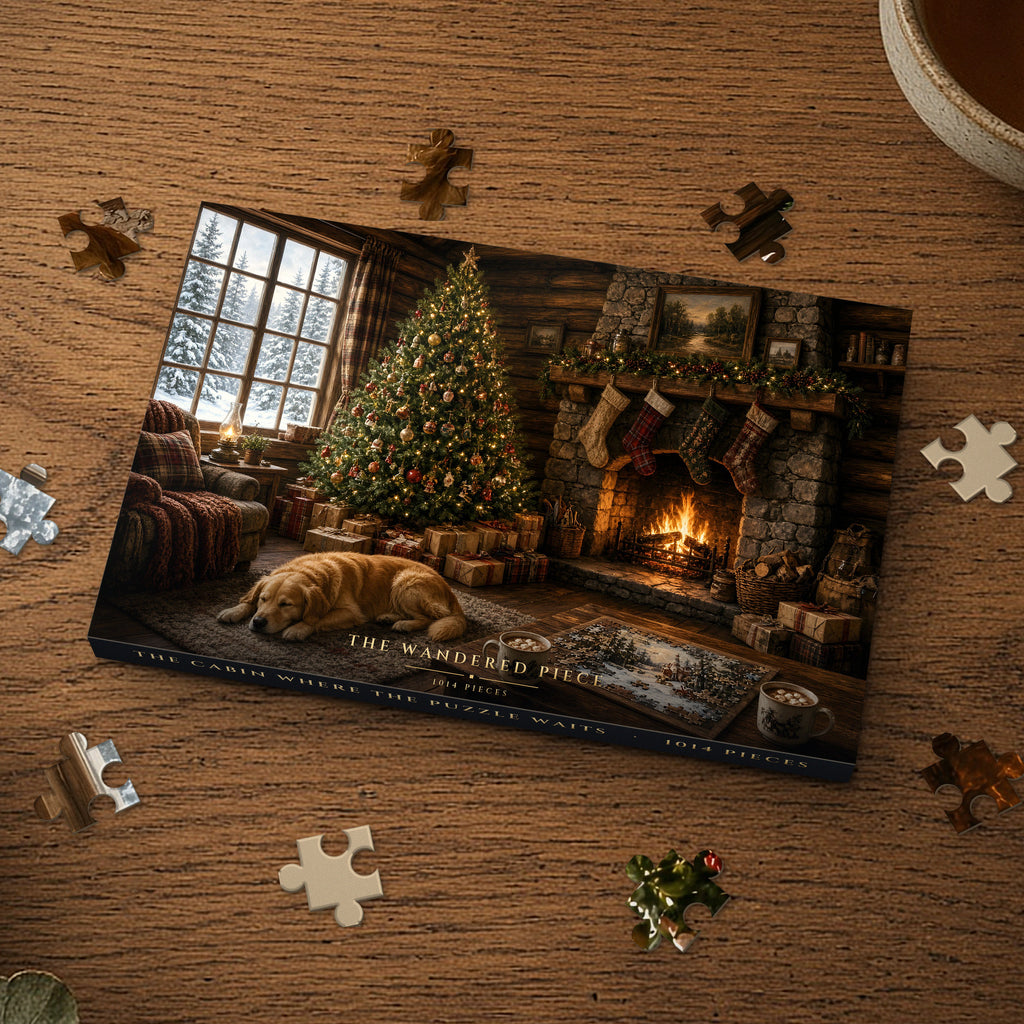 The Cabin Where the Puzzle Waits 1014 piece puzzle box on a wood table with loose pieces, box design shown for illustration