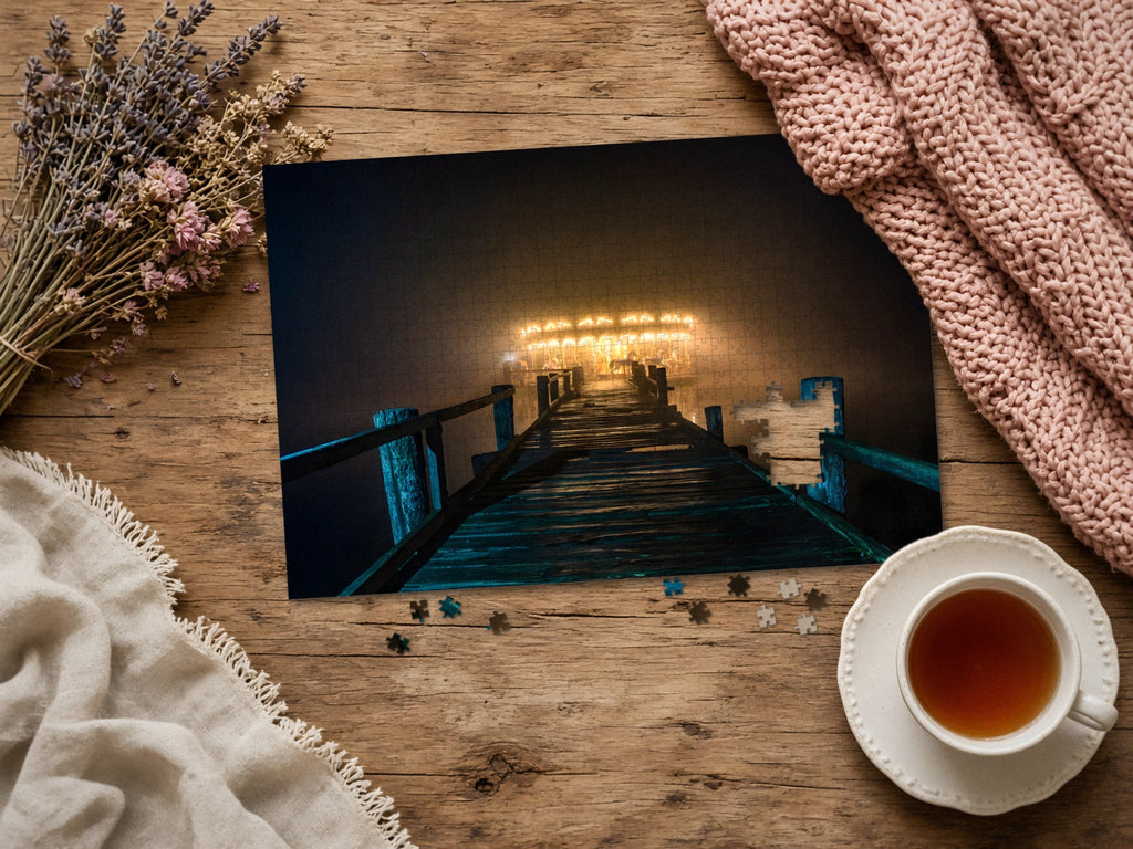 The Carousel at the End of the Pier 1014 piece puzzle assembled on a rustic wood table with dried lavender, a pink knit blanket, a linen throw and a cup of tea, a few loose pieces nearby